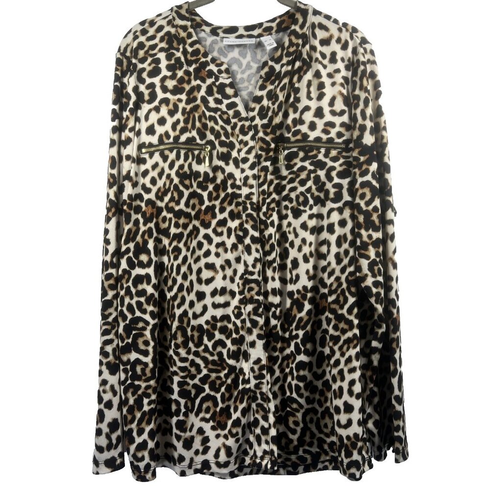 Susan Graver Womens Top Size XL Leopard Black Brown Long Sleeve No Iron Pullover